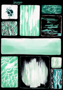 a sketch page with rectangles all filled in abstract textures reminiscent of water or speleothems, in black, aqua, and white