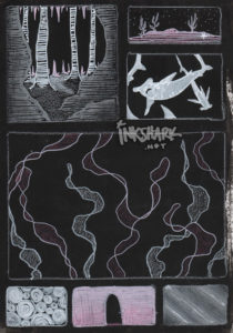 A painted-black sketchbook page with a few rectangles filled in with a cave, a school of hammerhead sharks, and a few oceanesque textures all in pink, white, and grey paint pens