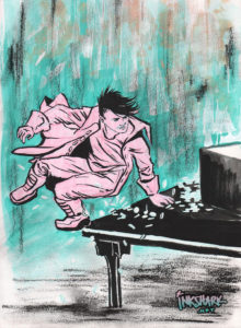 Ink and acrylic sketch of a boy in a fancy coat stabilizing himself with one hand on the corner of a table while he jumps through the air; coins spill all over the table and floor