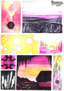 A sketchbook page of rectangles filled with hexagon-themed abstract patterns, all in pink, white, black, and yellow