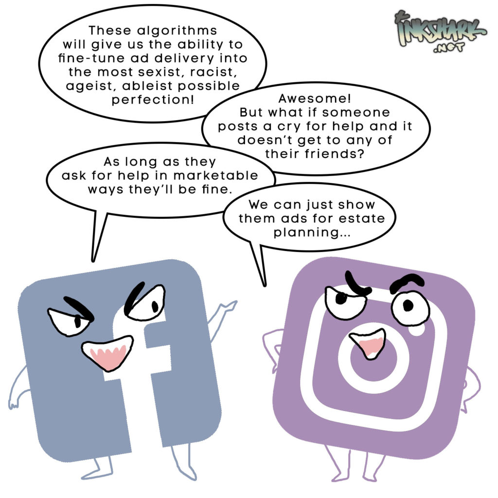 cartoon of the Facebook and Instagram logos discussing how to make money off of people in distress