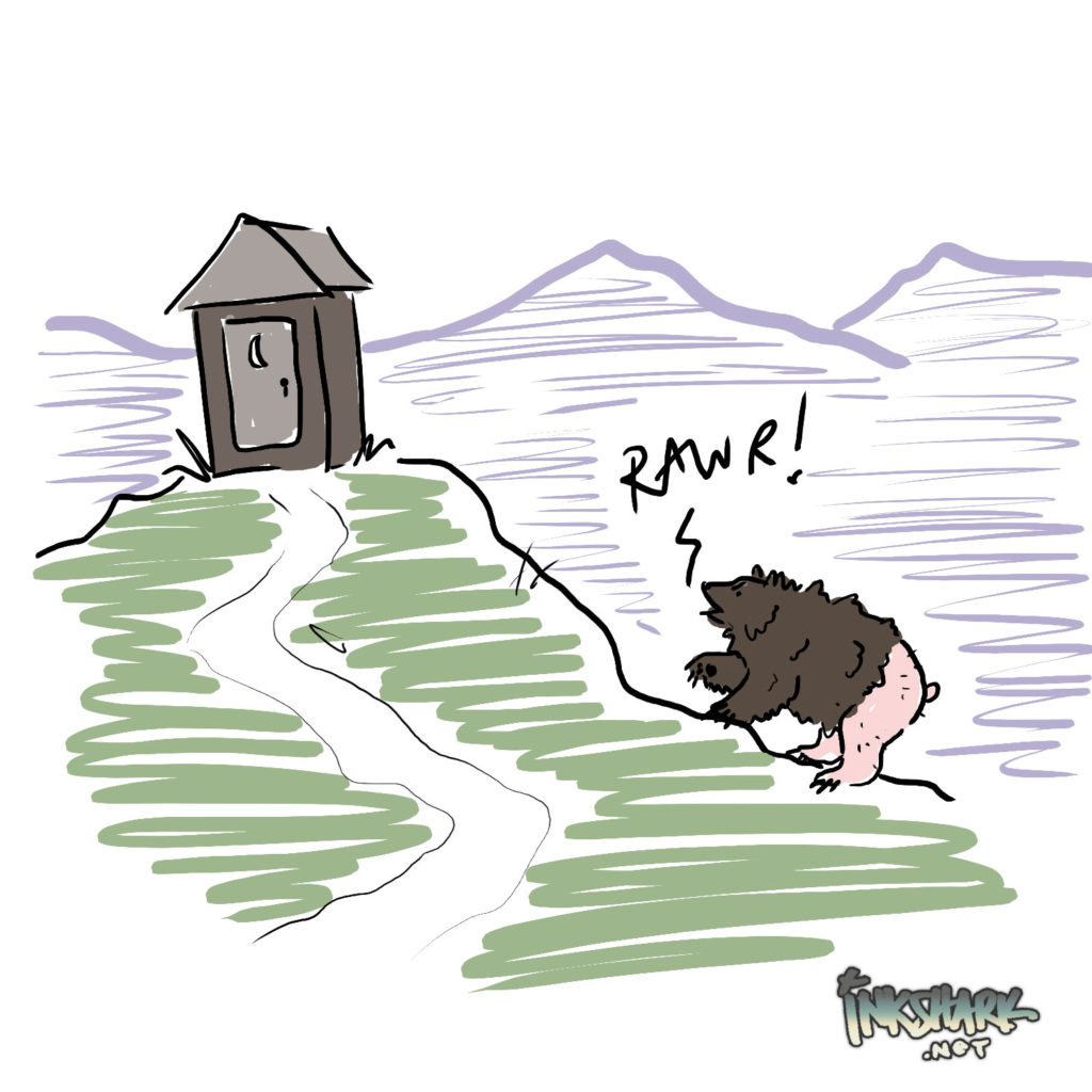 illustration of outhouse + a bear with a bald butt going "rawr!"