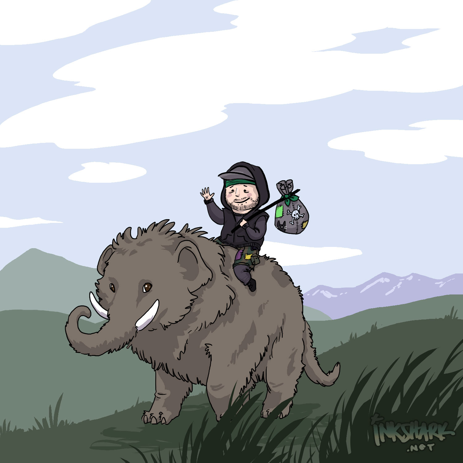 cartoon of me carrying a bindle and riding a mastodon