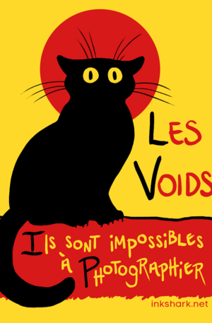 parody of famous poster, black cat on a red and yellow background that says les voids instead of chat noir