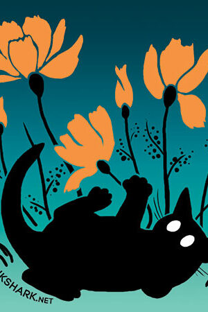 painting of a black cat with glowing white eyes playing with orange poppies on a teal background