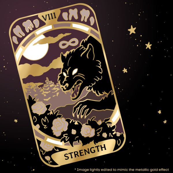 Sticker featuring a werewolf on the Strength card from the Cryptid Tarot