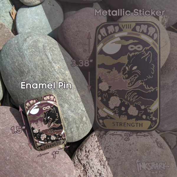 photo of the same image on both a sticker and a pin, the werewolf from the Strength card in the Cryptid Tarot