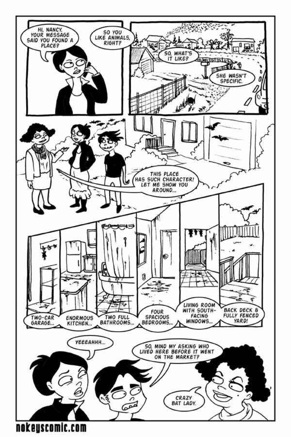 page 24 from my comic No Keys, in which a realtor tries to sell the main characters a house covered in bat guano)