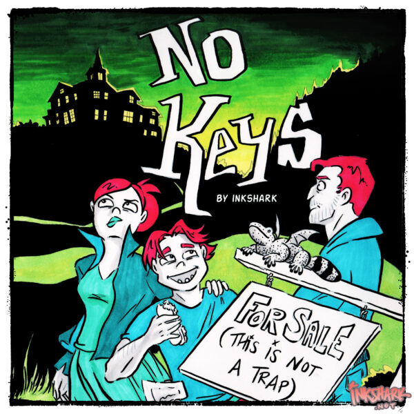cover of my graphic novel No Keys; three people and a winged gila monster standing in front of a mostly black background with a creepy green sunset and the silhouette of a haunted looking mansion