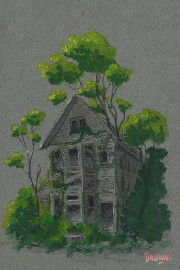 a decaying grey house against a grey background with vivid foliage growing around and out of the structure