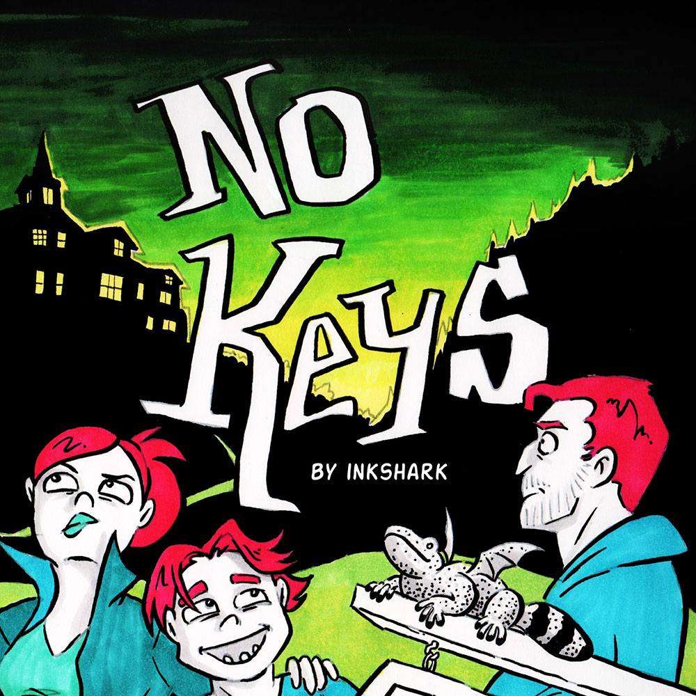 cover of my graphic novel No Keys; three people and a winged gila monster standing in front of a mostly black background with a creepy green sunset and the silhouette of a haunted looking mansion