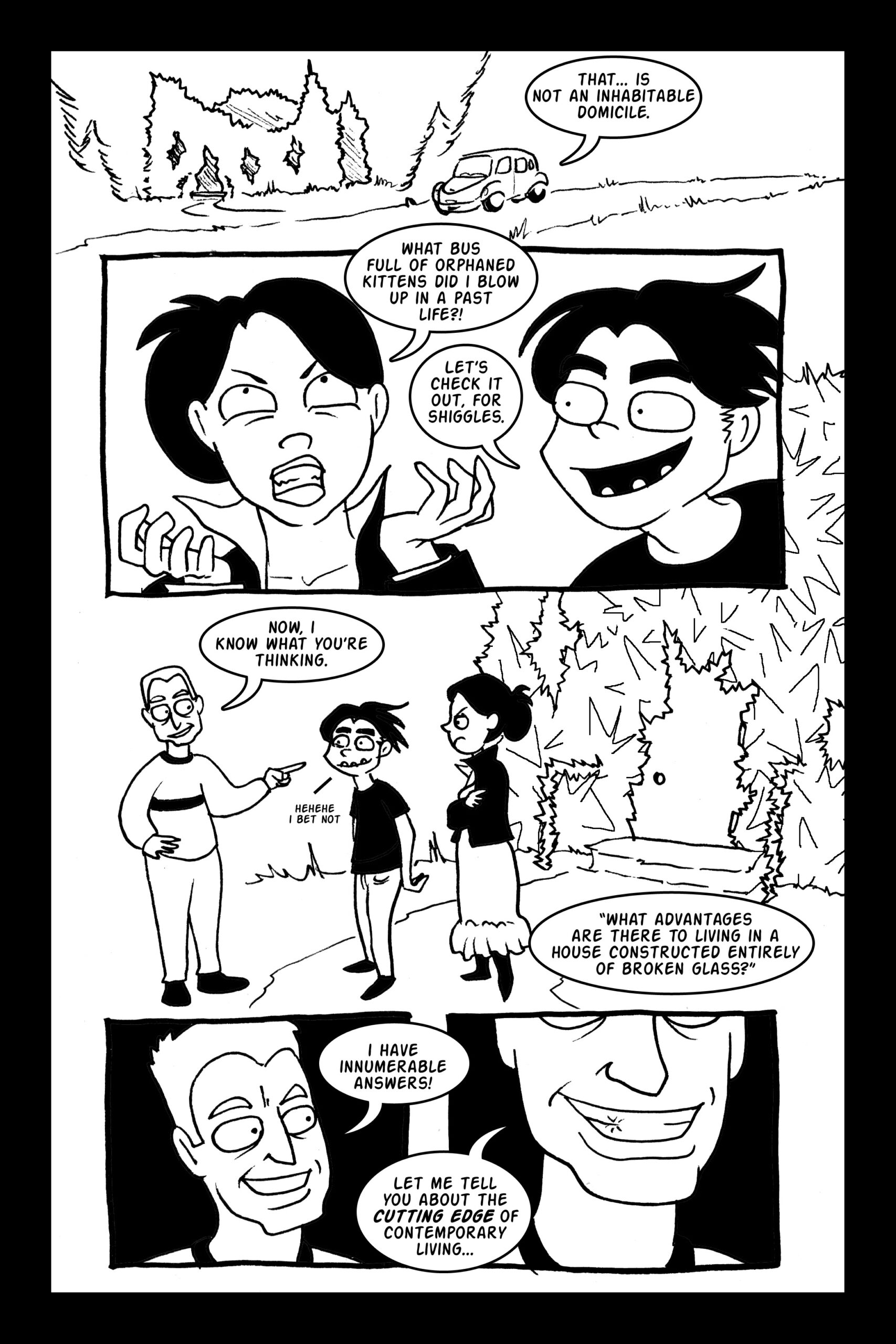 comic page of two people realizing the house for sale is made of broken glass