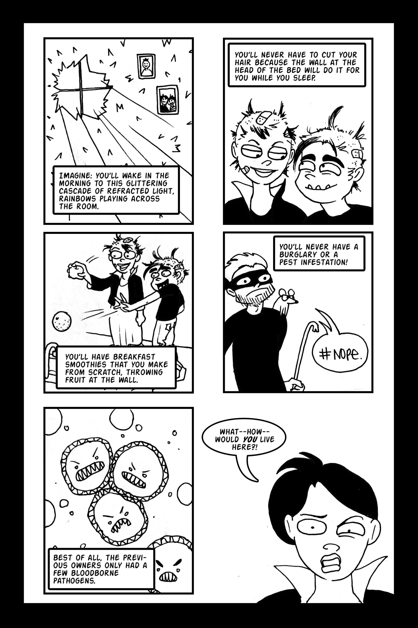 a comic page of a realtor describing a montage of not-that-great benefits of living in a house made of broken glass