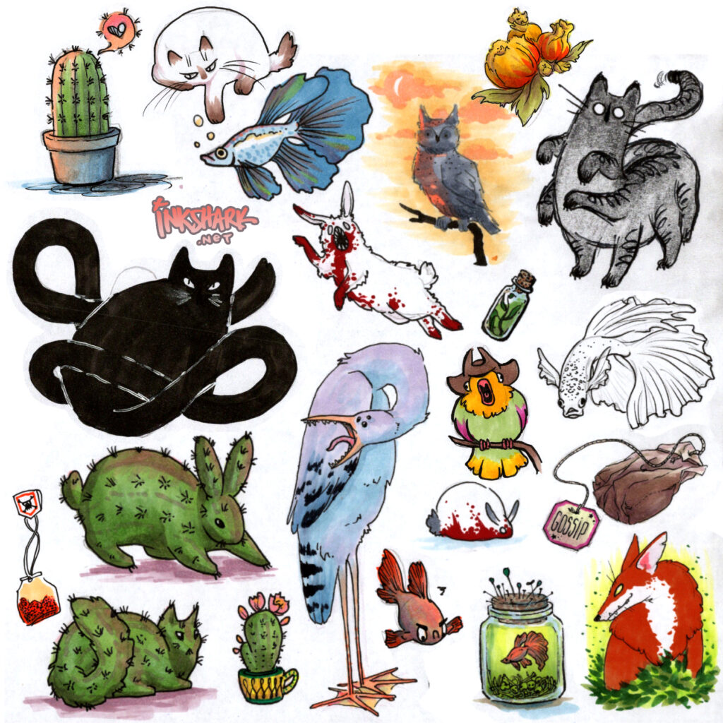 Random doodles including cat and rabbit shaped cacti, birds, betta fish, and apparently dangerous rabbits which are cute except for the blood on their white fur
