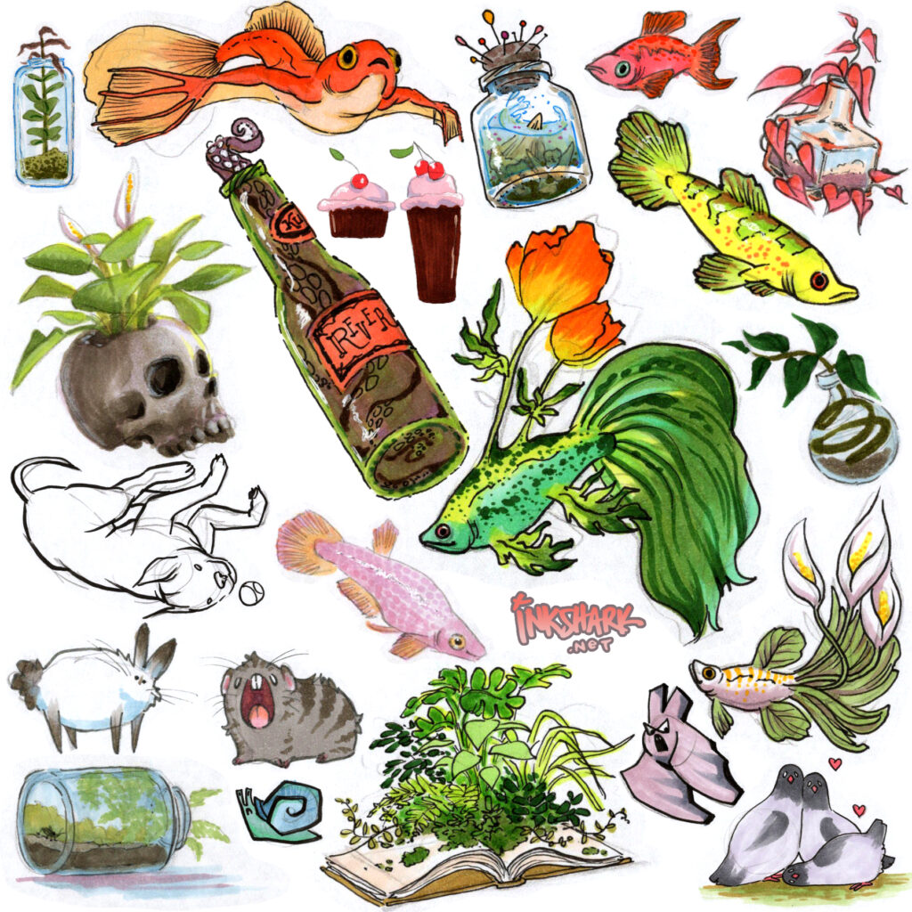 random doodles including several fish with flowers growing out of their fins, plants growing from skulls and books, and potions in jars or bottles