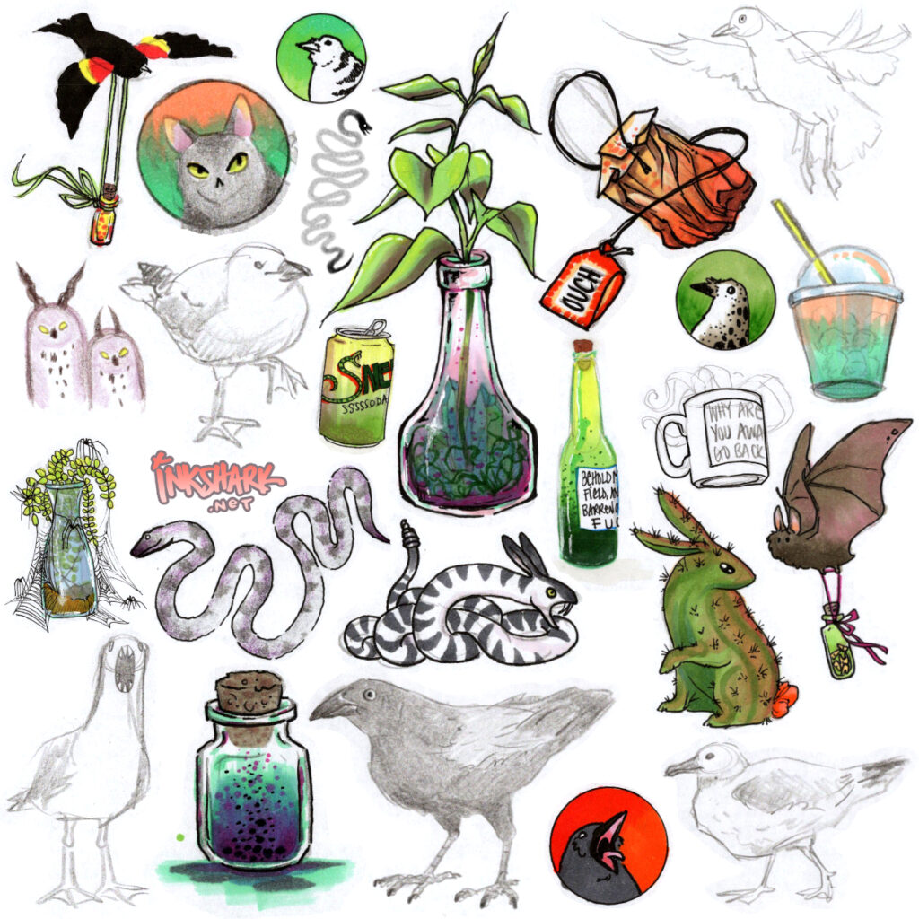random doodles including birds and bats carrying potions on ribbons, realistic bird studies in pencil, and a used teabag that says OUCH on the tag