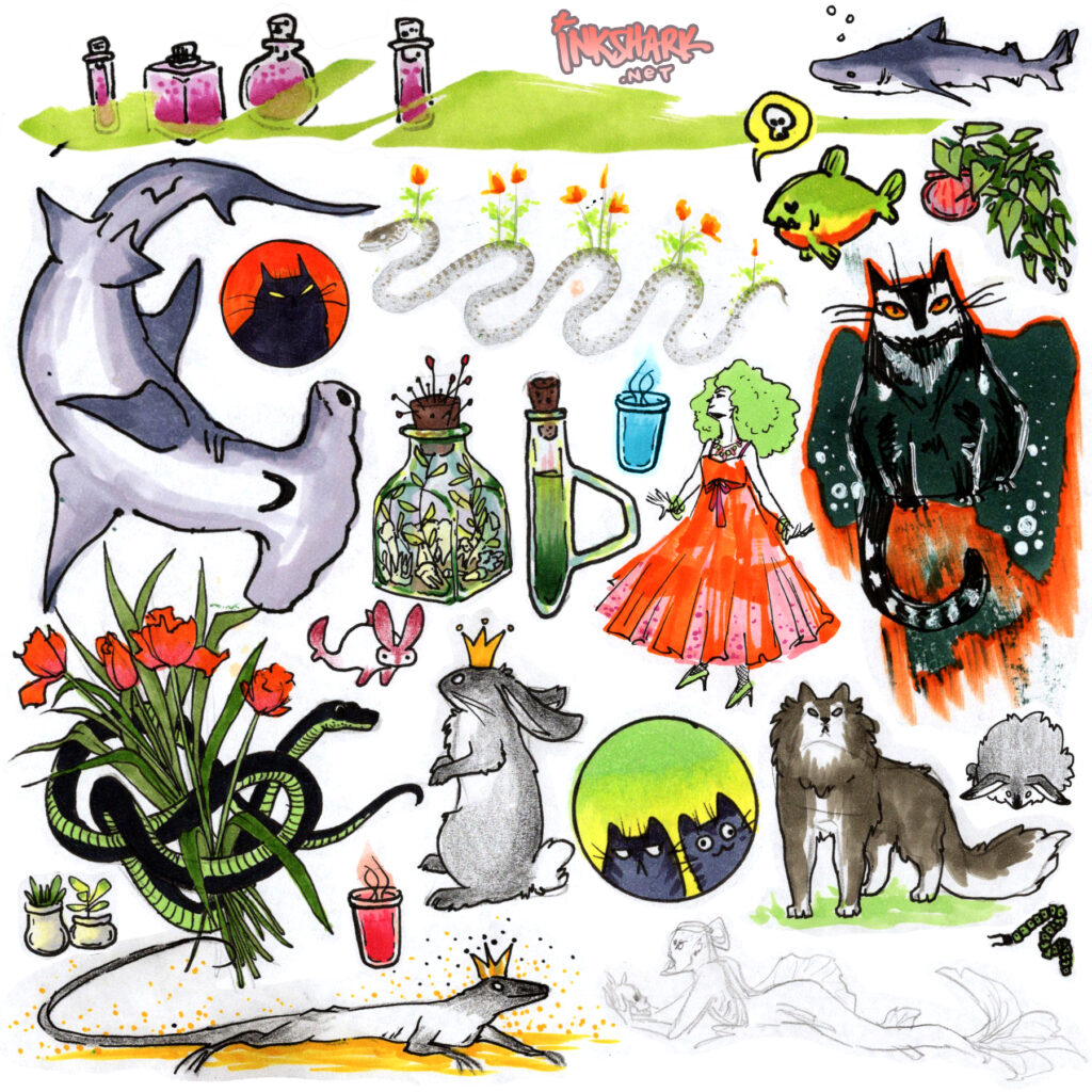 random doodles including sharks, potions, weird cats, and some snakes, mostly in orange, black, grey, and green