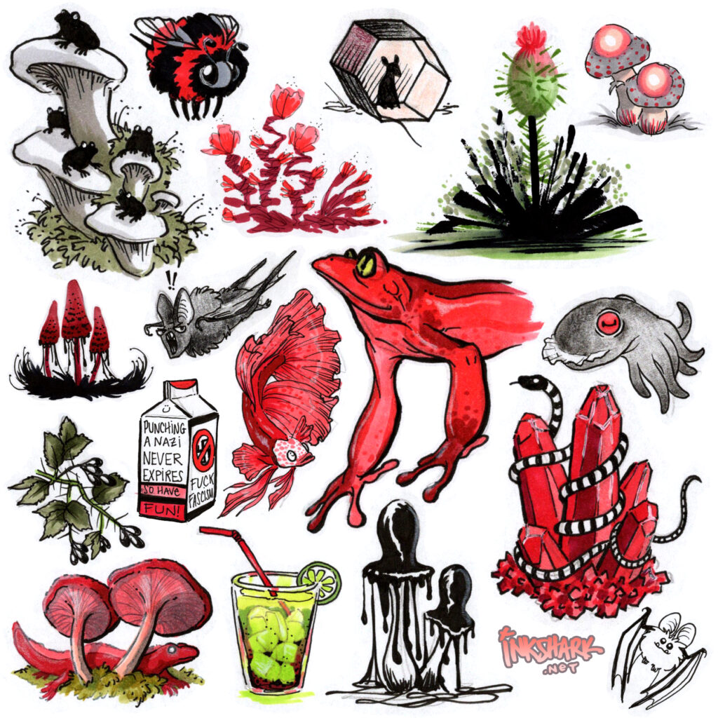 random doodles including fungi, frogs, and flowers, in a red/black theme with touches of green