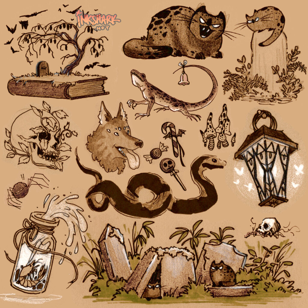 spooky doodles including a cemetery growing out of a book, a snake headed toward a glowing lantern, and some spotted cats playing tag among old jumbled gravestones