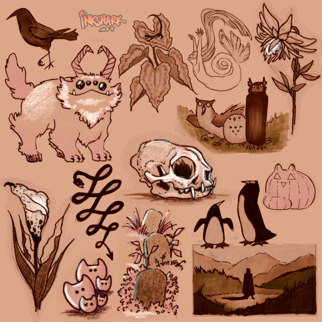 spooky doodles including a cat skull, some owls, an overgrown grave, and a cute horned monster