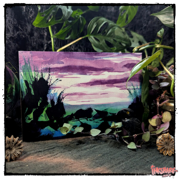 photo, postcard of a dramatic, abstract seascape, card is posed between tropical plant leaves, little figurines, and poppy seed pods
