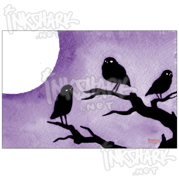 Three owl silhouettes on gnarled branches, under an overwhelming moon