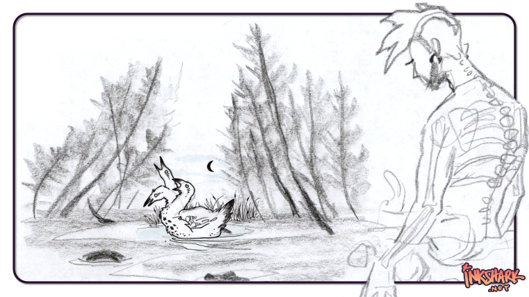 Sketches of a person whose skeleton is showing, standing waist-deep in a swamp and gazing at a three-headed duck