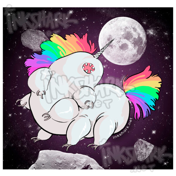 drawing of a tardigrade unicorn rocking out in space, its rainbow mane and tail flinging out against a backdrop of moons and comets and shit