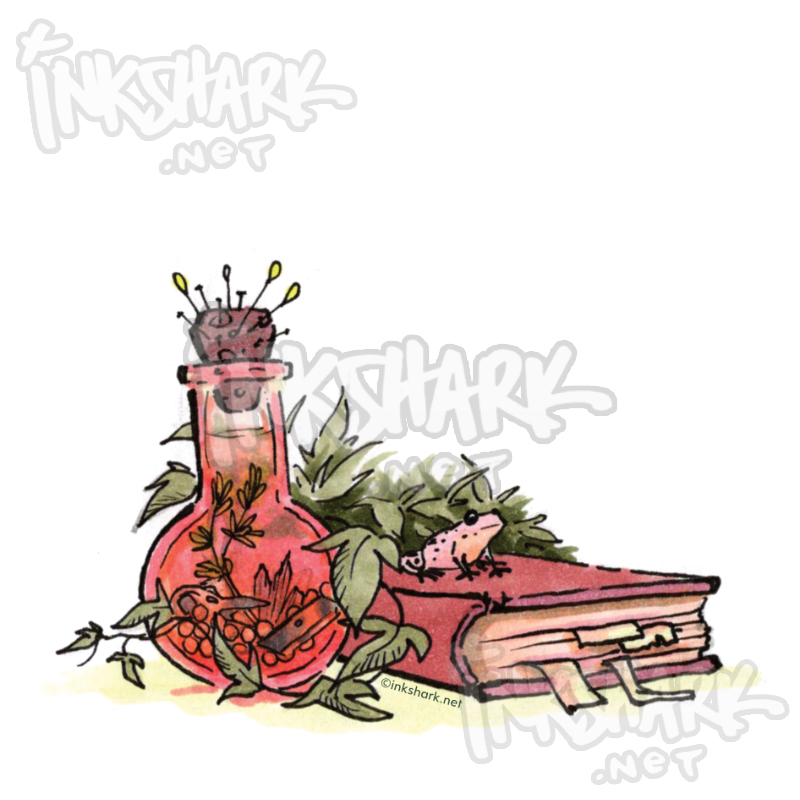 Drawing of a feminine potion and heavily bookmarked grimoire both cushioned in ivy, with a cute frog guarding them both