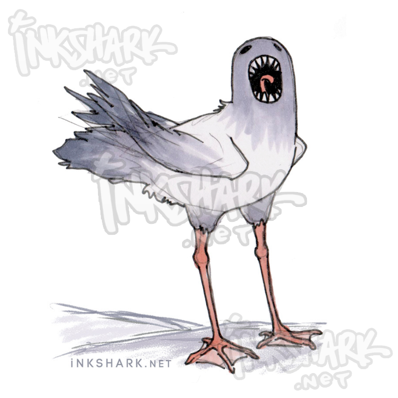 A drawing of a seagull with extra long legs and instead of a beak, a hungry, toothy hole open in a scream