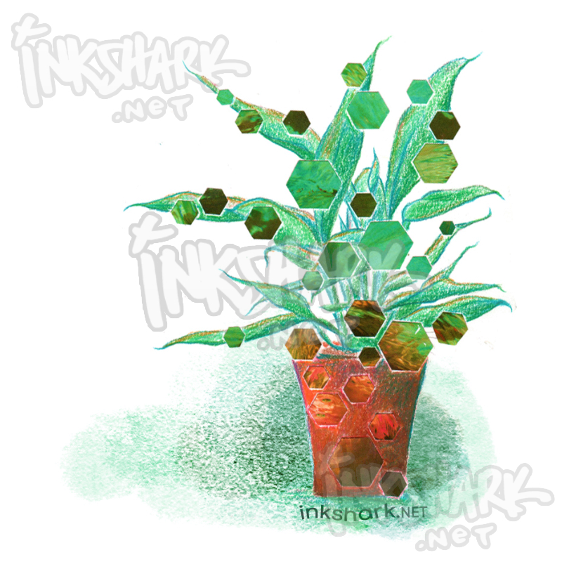 drawing of a potted plant with hexagons clipped out and collaged onto the leaves