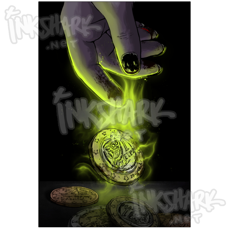 Painting of a hand with chipped nail polish dropping a Greek euro smeared in blood and emitting spooky green magical energy