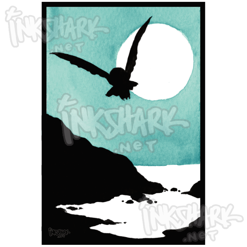 Painted silhouette of an owl swooping above a silent, moonlit shore