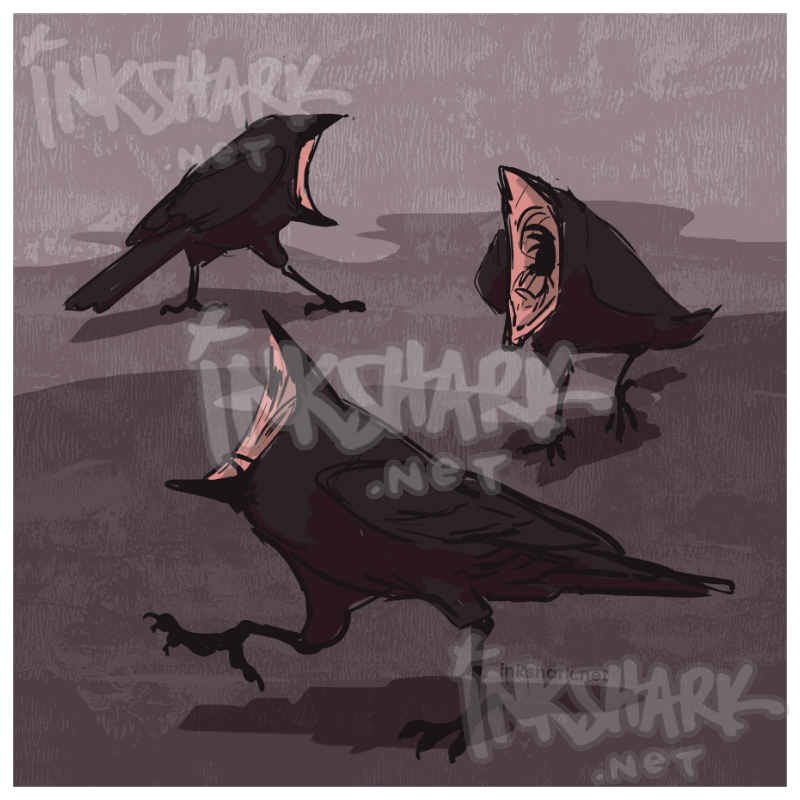 drawing of three crows prancing in a circle, their heads are entirely giant open beaks, and it is both funny and horrifying