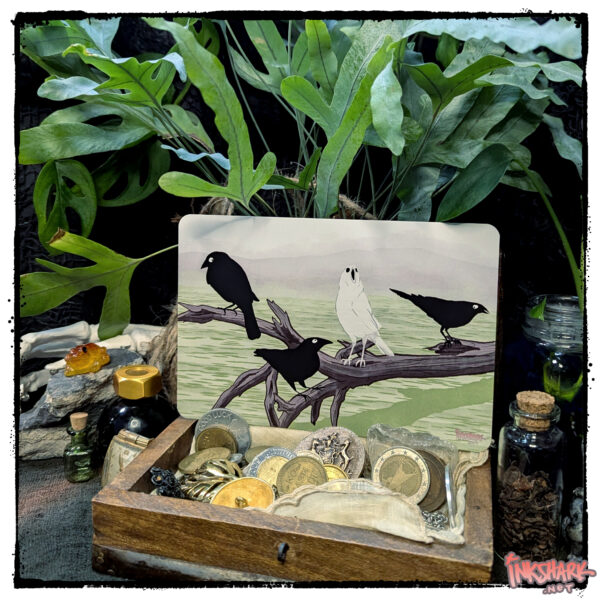 Postcard of three live crows and one ghost crow; product is posed in a wooden treasure chest filled with old coins and jewelry