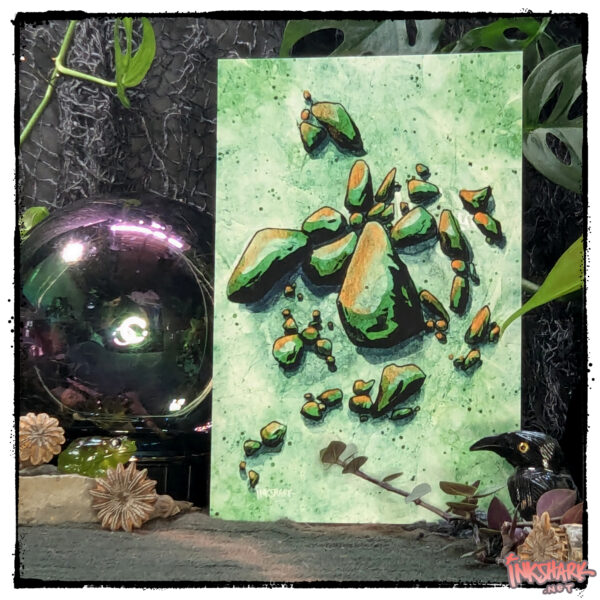 Painting of a collection of waterworn stones, propped up beside a faux crystal ball, poppy seed cases, and a sneaky little stone raven