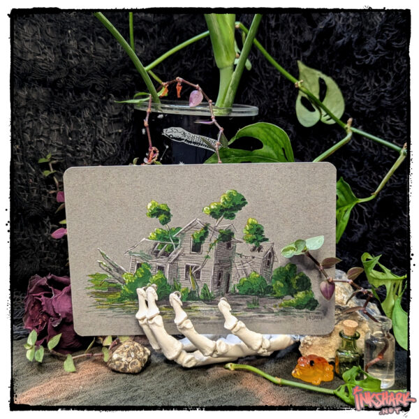 Sticker of a haunted house with foliage bursting through windows, posed with live plants in glass jars & witchy bottles