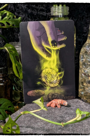 Painting of a hand dropping a Greek euro that's emitting spooky green magic, posed among live plants, witchy jars, and a carved stone gila monster