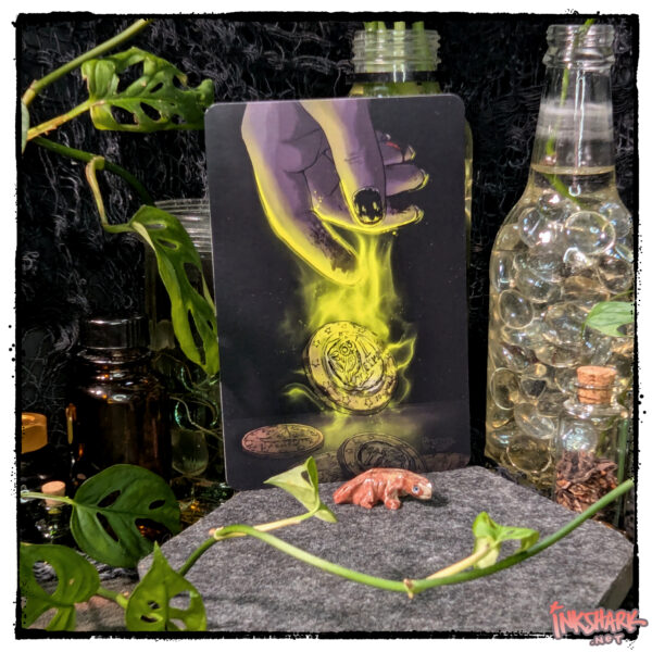 Painting of a hand dropping a Greek euro that's emitting spooky green magic, posed among live plants, witchy jars, and a carved stone gila monster
