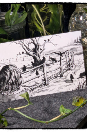 postcard of a solemn, lonely ink painting of someone gazing at a treeful of crows, posed among live plants and witchy little jars