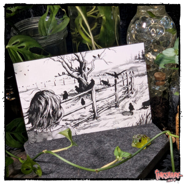 postcard of a solemn, lonely ink painting of someone gazing at a treeful of crows, posed among live plants and witchy little jars