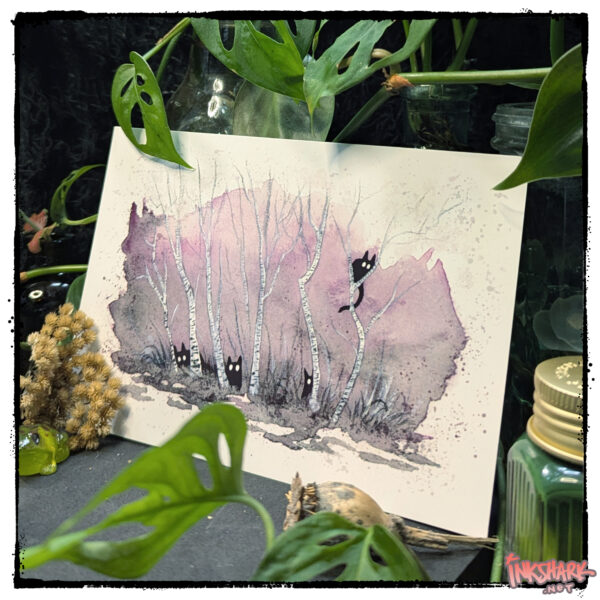 Postcard of a painting of four spooky black kitties in a birch copse, posed among live plants and witchy little jars