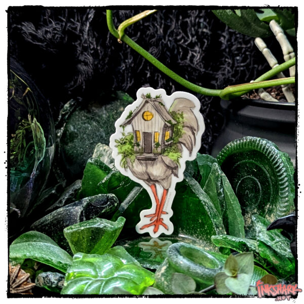 Sticker of Baba Yaga's chicken-legged cottage, posed on a treasure trove of green sea glass and kept company by live plants