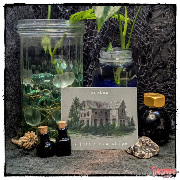 Sticker of a haunted house with foliage bursting through windows, posed with live plants in glass jars & witchy bottles