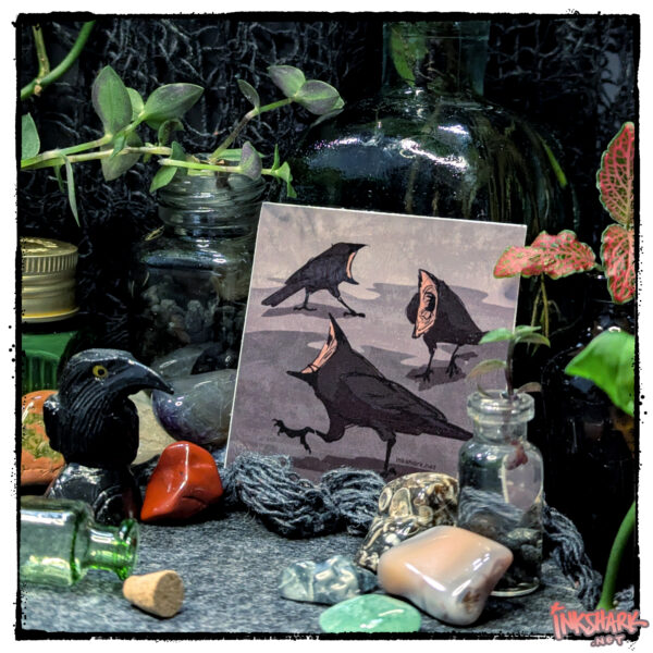 Sticker of three crows with enormous mouths stomping in a circle; surrounded by live plants and polished stones including one cut into the shape of a crow!