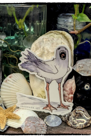 Sticker of a weirdo screaming seagull monster; product is posed among seashells and witchy jars