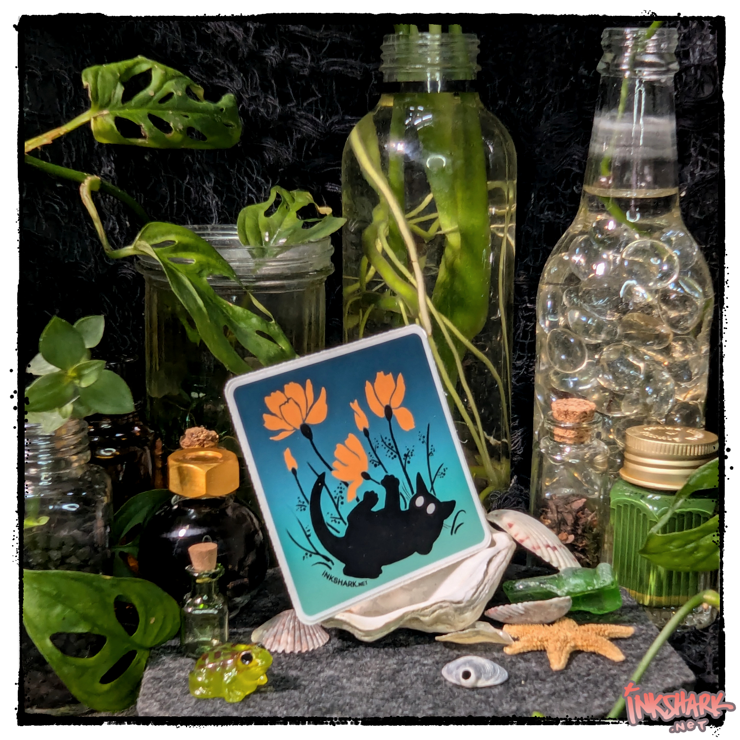 sticker of a cartoon black cat with spooky white eyes playing with flowers, sitting among witchy bottles and jars and live plants