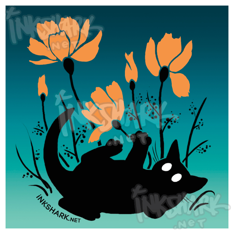 cartoon of a black cat with spooky white eyes flopped onto its side, playing with some cheerful poppies