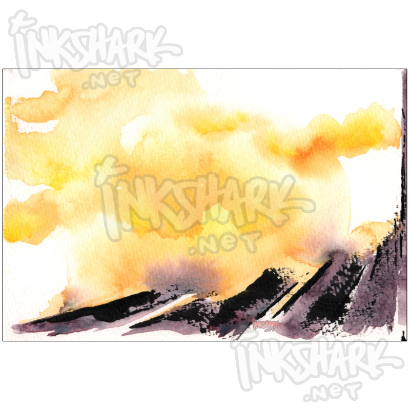 Ominous abstract painting that suggests the slopes of a rumbling volcano, belching out sulfurous clouds