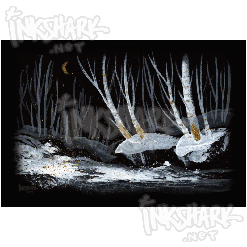 Eerie winter birch trees painted in gouache and gold ink, leaning out over a feisty creek